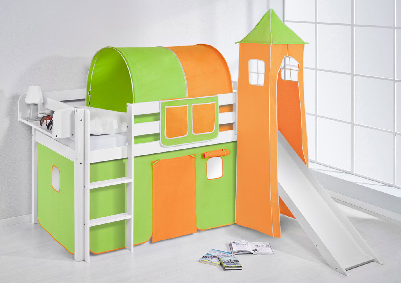 Spielbett Hochbett Kinderbett Kinder Bett JELLE mit Turm und Rutsche