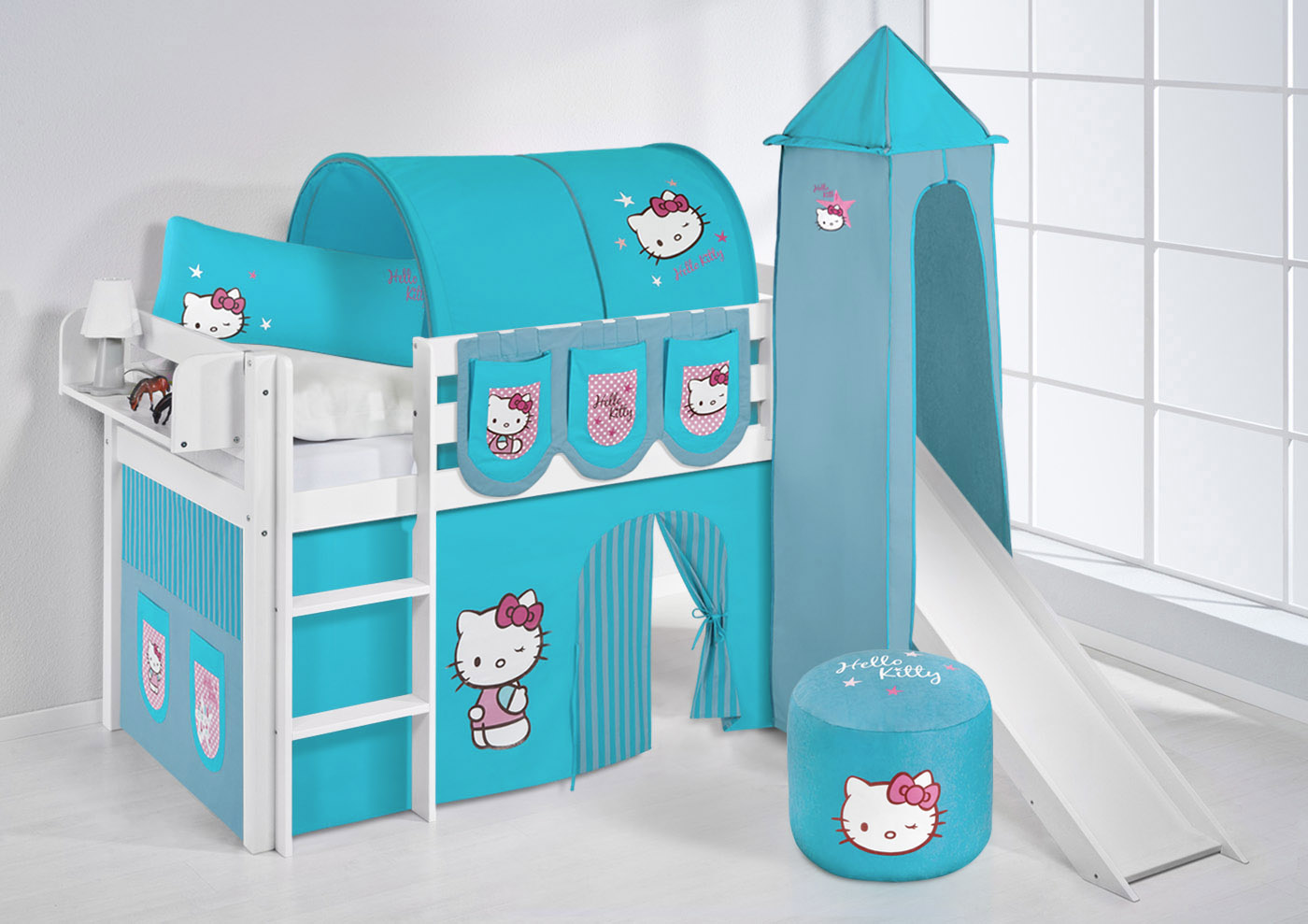 Spielbett hochbett kinderbett kinder bett jelle mit turm und ... Vorhänge türkis