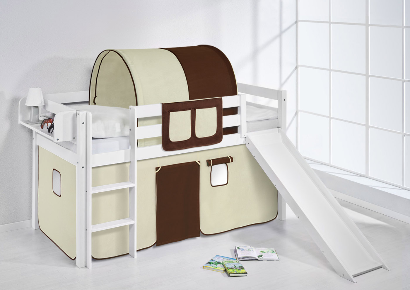 CABIN BED BUNK BED MIDSLEEPER HIGHSLEEPER JELLE + SLIDE + CURTAINS BY
