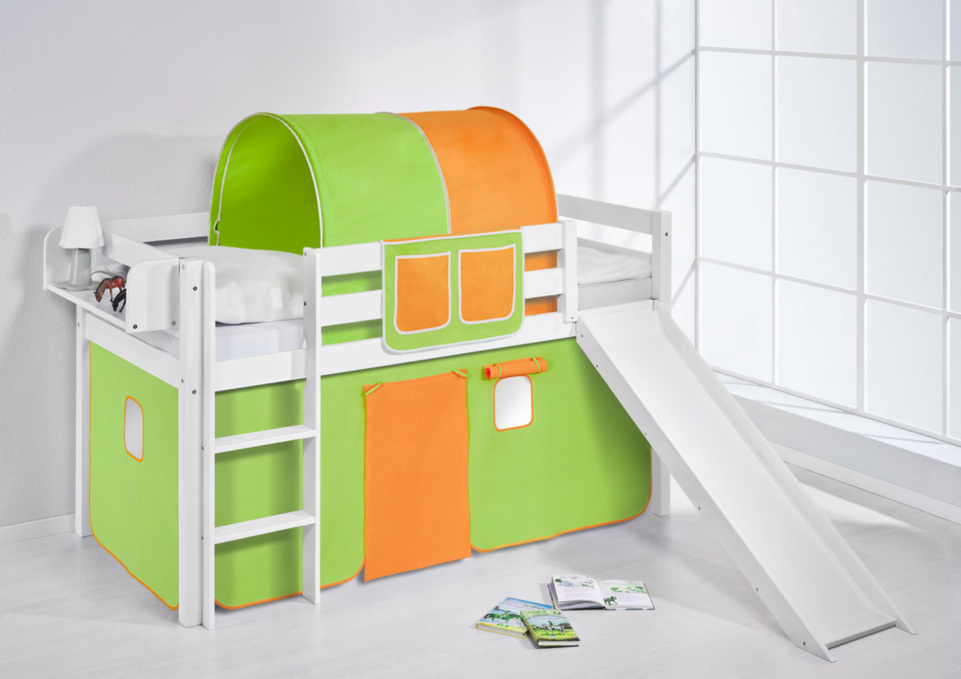 CABIN BED BUNK BED MIDSLEEPER HIGHSLEEPER JELLE + SLIDE + CURTAINS BY