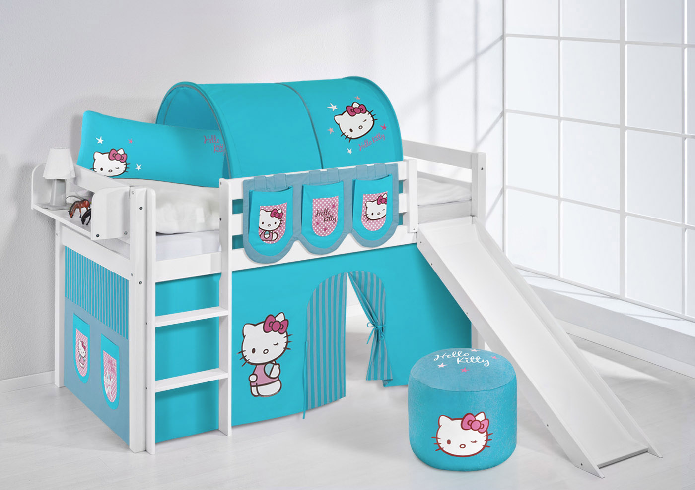 Spielbett hochbett kinderbett kinder bett jelle mit rutsche ... Vorhänge türkis