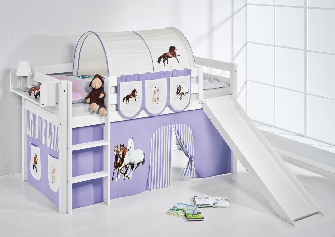 CABIN BED BUNK BED MIDSLEEPER HIGHSLEEPER JELLE + SLIDE + CURTAINS BY