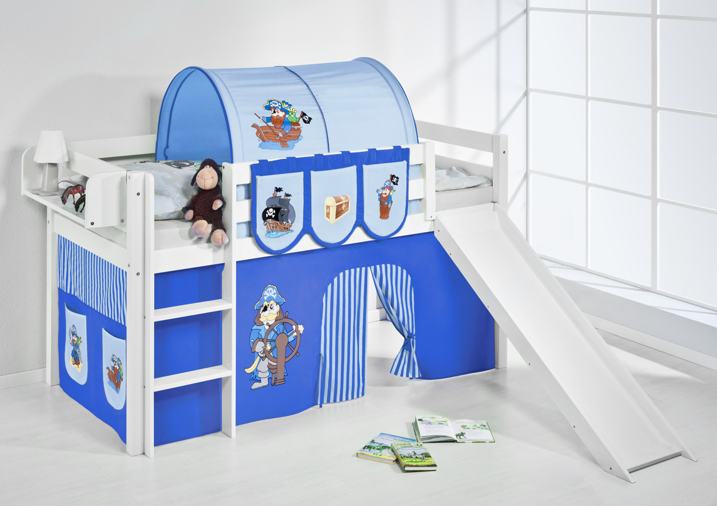 CABIN BED BUNK BED MIDSLEEPER HIGHSLEEPER JELLE + SLIDE + CURTAINS BY